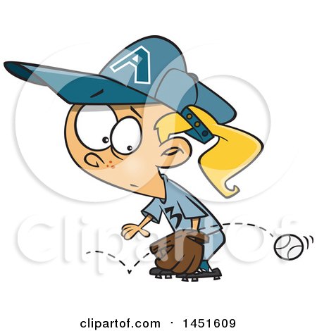 Clipart Graphic of a Cartoon Blond White Girl Baseball Player Trying to Stop a Grounder Ball - Royalty Free Vector Illustration by toonaday