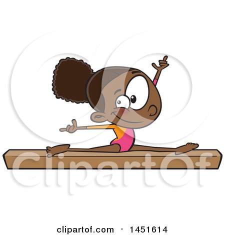 Clipart Graphic of a Cartoon Black Girl Gymnast Doing the Splits on a Balance Beam - Royalty Free Vector Illustration by toonaday
