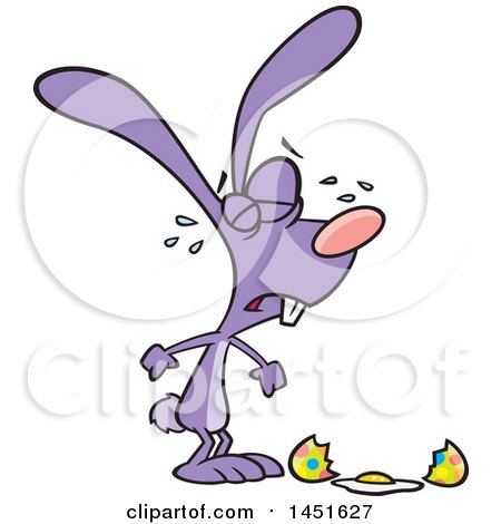 Clipart Graphic of a Cartoon Purple Easter Bunny Crying over a Broken Egg - Royalty Free Vector Illustration by toonaday