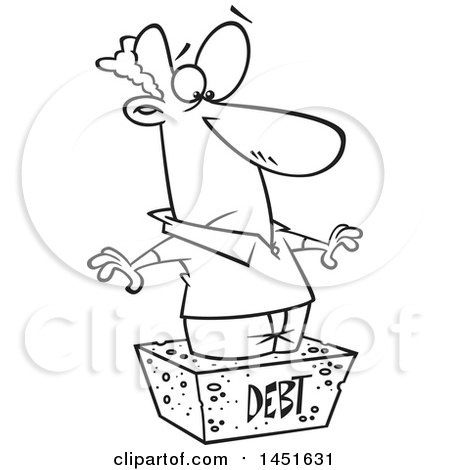 Clipart Graphic of a Cartoon Black and White Lineart  Man Debtor Stuck in a Cement Block - Royalty Free Vector Illustration by toonaday