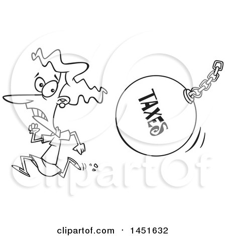 Clipart Graphic of a Cartoon Black and White Lineart Woman Running from a Taxes Wrecking Ball - Royalty Free Vector Illustration by toonaday
