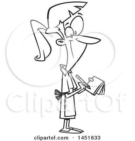 Clipart Graphic of a Cartoon Black and White Lineart Happy Female Waitress Taking an Order - Royalty Free Vector Illustration by toonaday