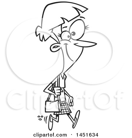 Clipart Graphic of a Cartoon Black and White Lineart Happy Woman Taking a Lunch Stroll - Royalty Free Vector Illustration by toonaday