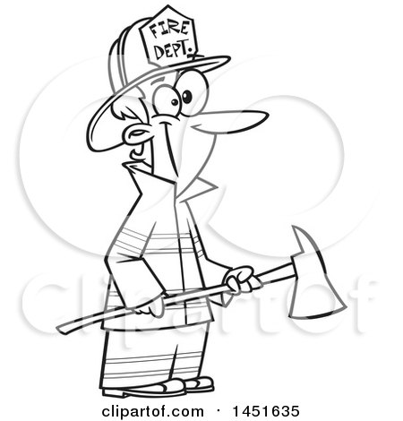 Clipart Graphic of a Cartoon Black and White Lineart Woman Firefighter Holding an Axe - Royalty Free Vector Illustration by toonaday