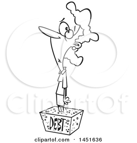 Clipart Graphic of a Cartoon Black and White Lineart Woman Debtor Stuck in a Cement Block - Royalty Free Vector Illustration by toonaday