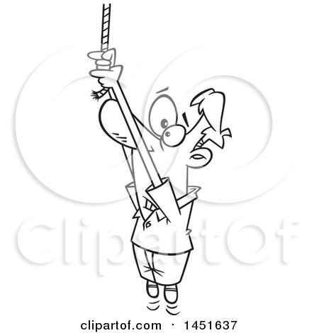 Clipart Graphic of a Cartoon Black and White Lineart Man Hanging from a Rope End - Royalty Free Vector Illustration by toonaday