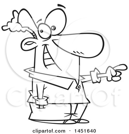 Clipart Graphic of a Cartoon Black and White Lineart Happy Man Pointing - Royalty Free Vector Illustration by toonaday
