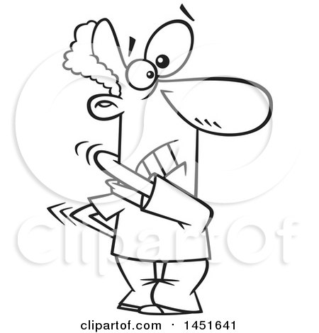 Clipart Graphic of a Cartoon Black and White Lineart Man Trying to Itch His Back - Royalty Free Vector Illustration by toonaday