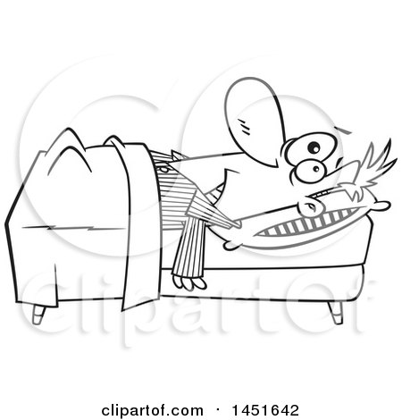 Clipart Graphic of a Cartoon Black and White Lineart Insomniac Man Laying in Bed - Royalty Free Vector Illustration by toonaday