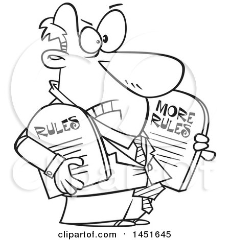 Clipart Graphic of a Cartoon Black and White Lineart Business Man Carrying More Rules Tablets - Royalty Free Vector Illustration by toonaday
