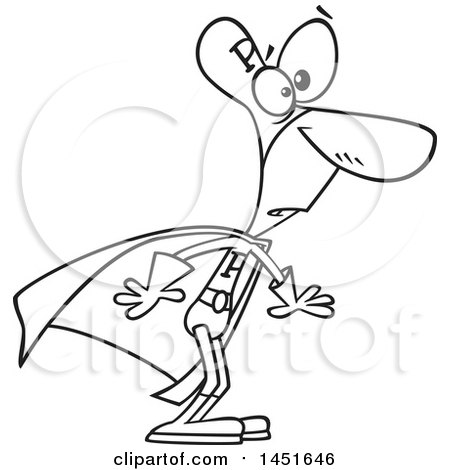 Clipart Graphic of a Cartoon Black and White Lineart Pathetic Super Hero Man - Royalty Free Vector Illustration by toonaday