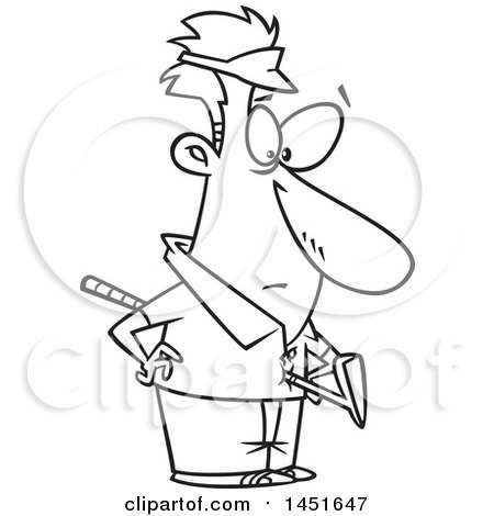 Clipart Graphic of a Cartoon Black and White Lineart Man with a Golf Club Through His Torso - Royalty Free Vector Illustration by toonaday