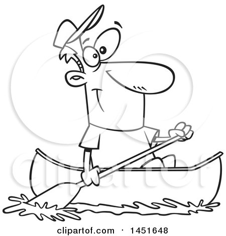 Clipart Graphic of a Cartoon Black and White Lineart Happy Man Canoeing - Royalty Free Vector Illustration by toonaday