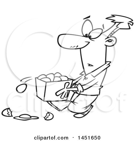 Clipart Graphic of a Cartoon Black and White Lineart Man Dropping Eggs from a Basket - Royalty Free Vector Illustration by toonaday