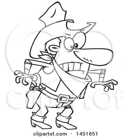 Clipart Graphic of a Cartoon Black and White Lineart Angry Cowboy Man Ready to Draw His Guns - Royalty Free Vector Illustration by toonaday