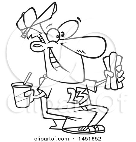 Clipart Graphic of a Cartoon Black and White Lineart Male Sports Fan with a Soda and Hot Dog at a Ball Game - Royalty Free Vector Illustration by toonaday
