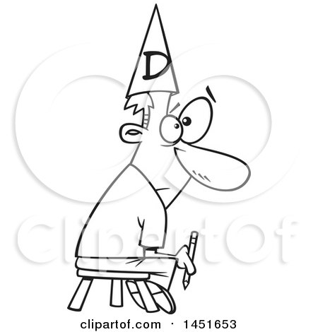 Clipart Graphic of a Cartoon Black and White Lineart Bad Male Cartoonist Holding a Pencil, Sitting on a Stool and Wearing a Dunce Cap - Royalty Free Vector Illustration by toonaday