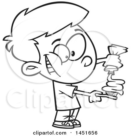Clipart Graphic of a Cartoon Black and White Lineart Boy Squirting Paste on His Toothbrush - Royalty Free Vector Illustration by toonaday