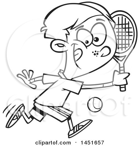 Clipart Graphic of a Cartoon Black and White Lineart Boy Playing Tennis - Royalty Free Vector Illustration by toonaday