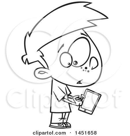 Clipart Graphic of a Cartoon Black and White Lineart Boy Warily Tapping a Tablet Computer - Royalty Free Vector Illustration by toonaday