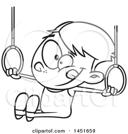 Clipart Graphic of a Cartoon Black and White Lineart Boy Gynmast Using the Rings - Royalty Free Vector Illustration by toonaday