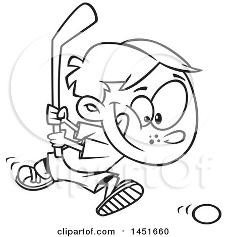 Clipart Graphic of a Cartoon Black and White Lineart Boy Playing Floor Hockey - Royalty Free Vector Illustration by toonaday