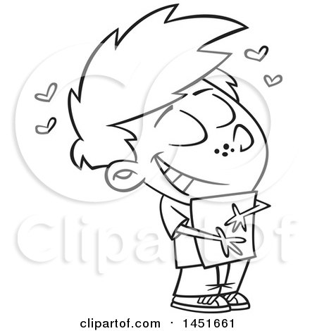 Clipart Graphic of a Cartoon Black and White Lineart Boy Hugging a Class Hand out - Royalty Free Vector Illustration by toonaday