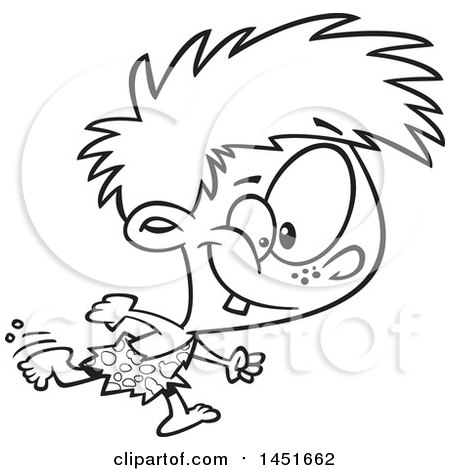Clipart Graphic of a Cartoon Black and White Lineart Happy Caveman Boy Running - Royalty Free Vector Illustration by toonaday