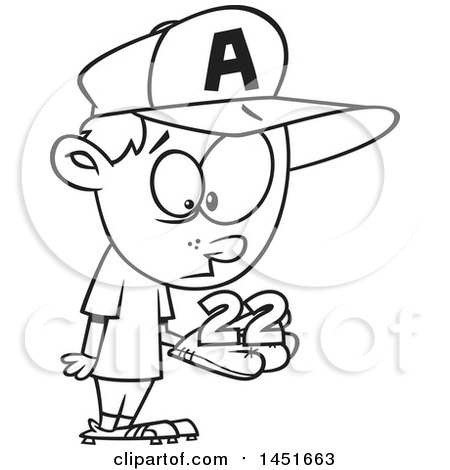 Clipart Graphic of a Cartoon Black and White Lineart Boy Baseball Player Holding a Catch 22 - Royalty Free Vector Illustration by toonaday