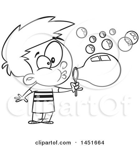 Clipart Graphic of a Cartoon Black and White Lineart Boy Blowing Bubbles - Royalty Free Vector Illustration by toonaday