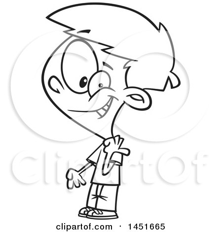 Clipart Graphic of a Cartoon Black and White Lineart Boy Pointing Back over His Shoulder - Royalty Free Vector Illustration by toonaday