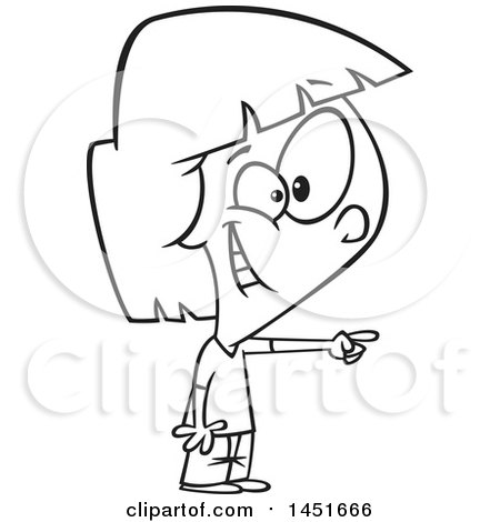 Clipart Graphic of a Cartoon Black and White Lineart Happy Girl Pointing - Royalty Free Vector Illustration by toonaday