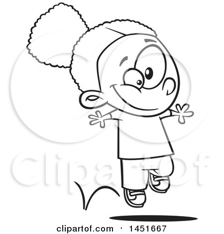 Clipart Graphic of a Cartoon Black and White Lineart Happy Girl Hopping - Royalty Free Vector Illustration by toonaday