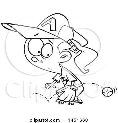 Clipart Graphic of a Cartoon Black and White Lineart Girl Baseball Player Trying to Stop a Grounder Ball - Royalty Free Vector Illustration by toonaday