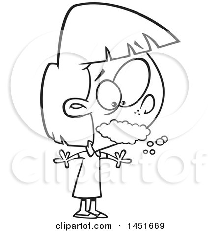 Clipart Graphic of a Cartoon Black and White Lineart Girl Foaming at the Mouth - Royalty Free Vector Illustration by toonaday