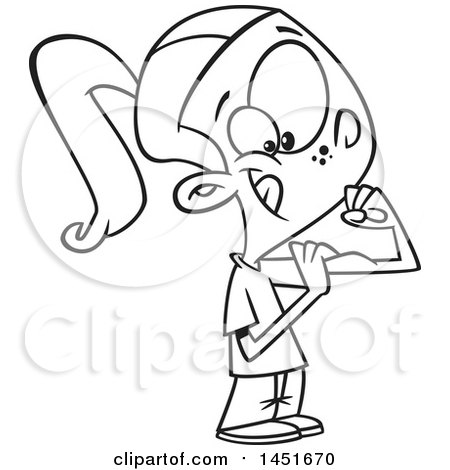 Clipart Graphic of a Cartoon Black and White Lineart Girl Flexing Her Biceps - Royalty Free Vector Illustration by toonaday