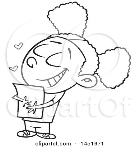 Clipart Graphic of a Cartoon Black and White Lineart Girl Hugging a Class Handout - Royalty Free Vector Illustration by toonaday