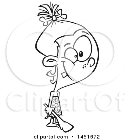 Clipart Graphic of a Cartoon Black and White Lineart Happy Caveman Girl Holding a Club - Royalty Free Vector Illustration by toonaday