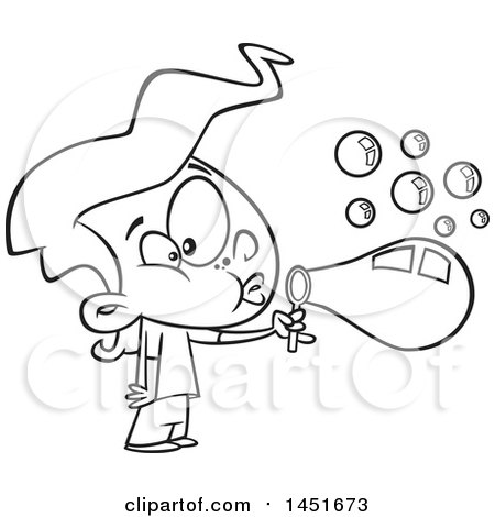 Clipart Graphic of a Cartoon Black and White Lineart Girl Blowing Bubbles - Royalty Free Vector Illustration by toonaday
