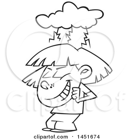 Clipart Graphic of a Cartoon Black and White Lineart Girl Brainstorming and Grinning - Royalty Free Vector Illustration by toonaday