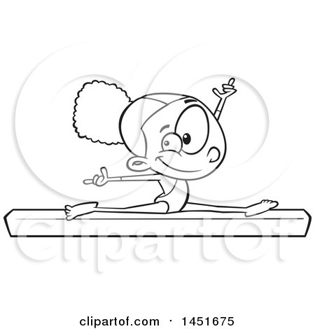 Clipart Graphic of a Cartoon Black and White Lineart Girl Gymnast Doing the Splits on a Balance Beam - Royalty Free Vector Illustration by toonaday
