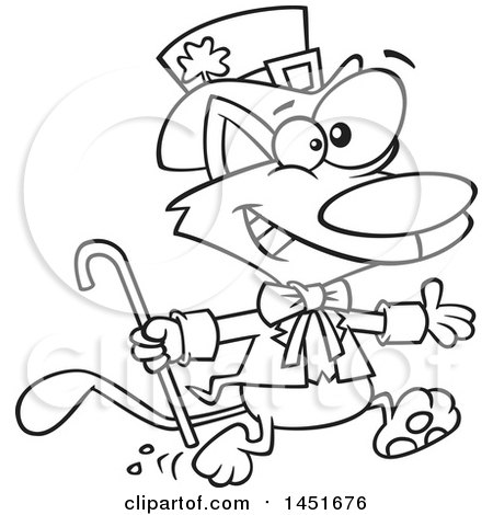 Clipart Graphic of a Cartoon Black and White Lineart Running St Patricks Day Leprechaun Cat - Royalty Free Vector Illustration by toonaday
