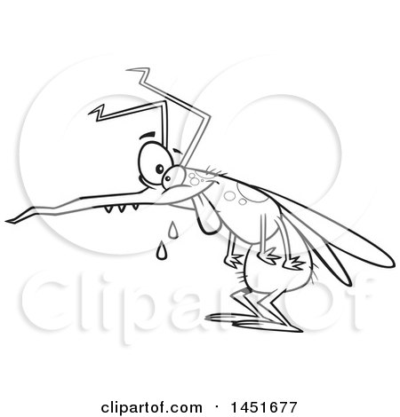 Clipart Graphic of a Cartoon Black and White Lineart Crazy Hungry Mosquito - Royalty Free Vector Illustration by toonaday
