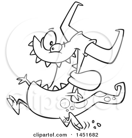 Clipart Graphic of a Cartoon Black and White Lineart Happy Care Free Monster Running - Royalty Free Vector Illustration by toonaday