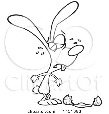 Clipart Graphic of a Cartoon Black and White Lineart Easter Bunny Crying over a Broken Egg - Royalty Free Vector Illustration by toonaday