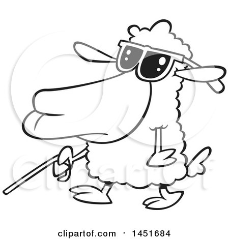 Clipart Graphic of a Cartoon Black and White Lineart Blind Sheep Walking with a Cane - Royalty Free Vector Illustration by toonaday