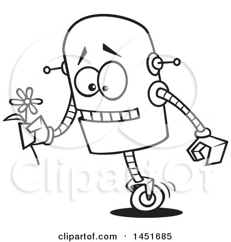 Clipart Graphic of a Cartoon Black and White Lineart Romantic Robot Holding a Flower - Royalty Free Vector Illustration by toonaday