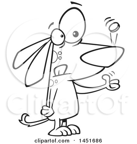 Clipart Graphic of a Cartoon Black and White Lineart Dog Flipping a Coin - Royalty Free Vector Illustration by toonaday