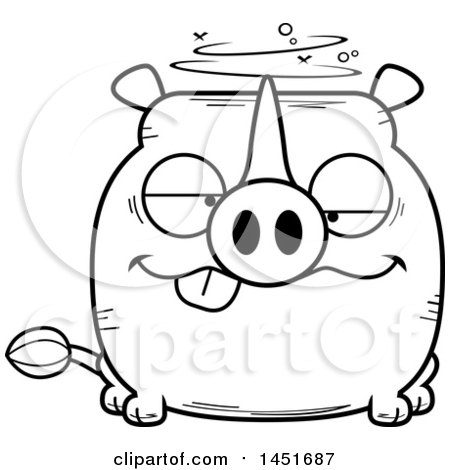 Clipart Graphic of a Cartoon Black and White Lineart Drunk Rhinoceros Character Mascot - Royalty Free Vector Illustration by Cory Thoman