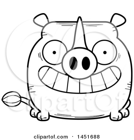 Clipart Graphic of a Cartoon Black and White Lineart Grinning Rhinoceros Character Mascot - Royalty Free Vector Illustration by Cory Thoman
